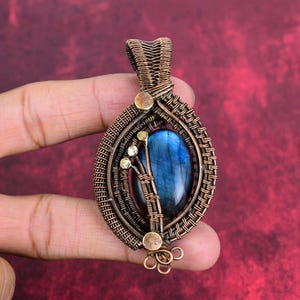 Handmade Copper Wire Wrapped Labradorite Pendant: Boho Jewelry