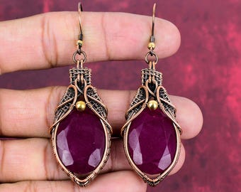 Faceted Kashmir Ruby Earrings: Handmade Copper Wire Wrapped Gemstone Jewelry