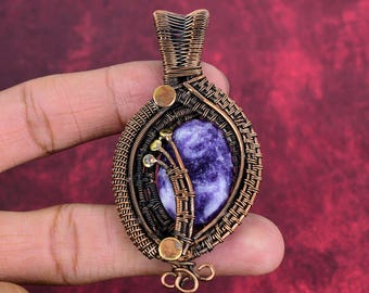 Pendentif fait main en lépidolite enveloppé de fil de cuivre : bijoux en pierres précieuses