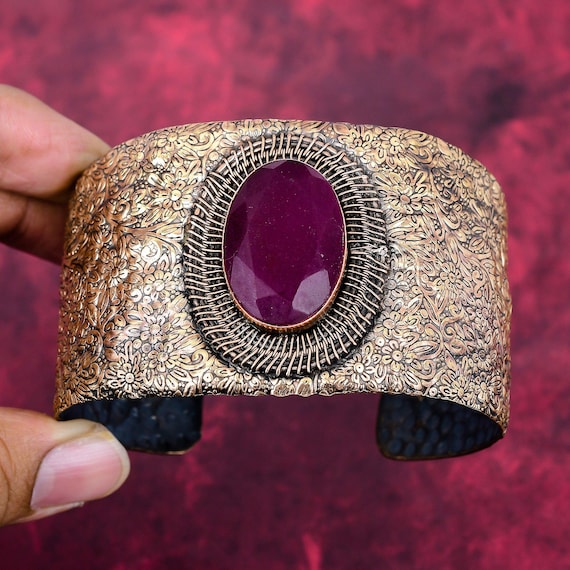 Faceted Kashmir Ruby Bangle: Handmade Copper Wire Wrapped Cuff Bracelet