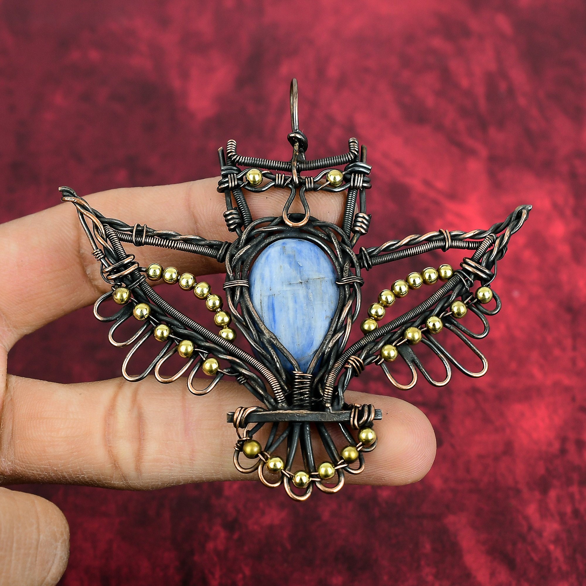 Kyanite Pendant Copper Wire Wrapped Pendant Owl Pendant Kyanite Jewelry Gemstone Pendant Handmade Co