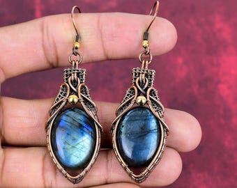 Handmade Copper Wire Wrapped Labradorite Earrings: Gemstone Jewelry