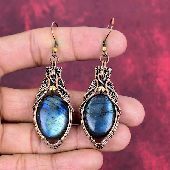 Handmade Copper Wire Wrapped Labradorite Earrings: Gemstone Jewelry