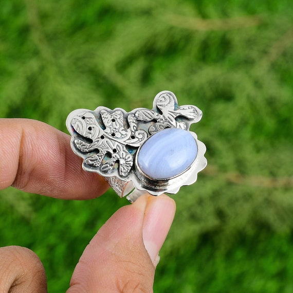 Designer Ring Heavy Ring Natural Stone Ring Boho Ring Lace Agate Jewelry Silver Ring Handmade ring Statement Ring Blue Lace Agate