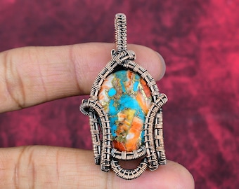 Handmade Copper Wire Wrapped Spiny Oyster Turquoise Pendant