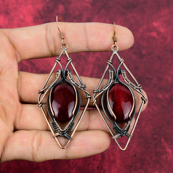 Red Fire Labradorite Copper Wire Wrapped Earrings: Handmade Gemstone Jewelry