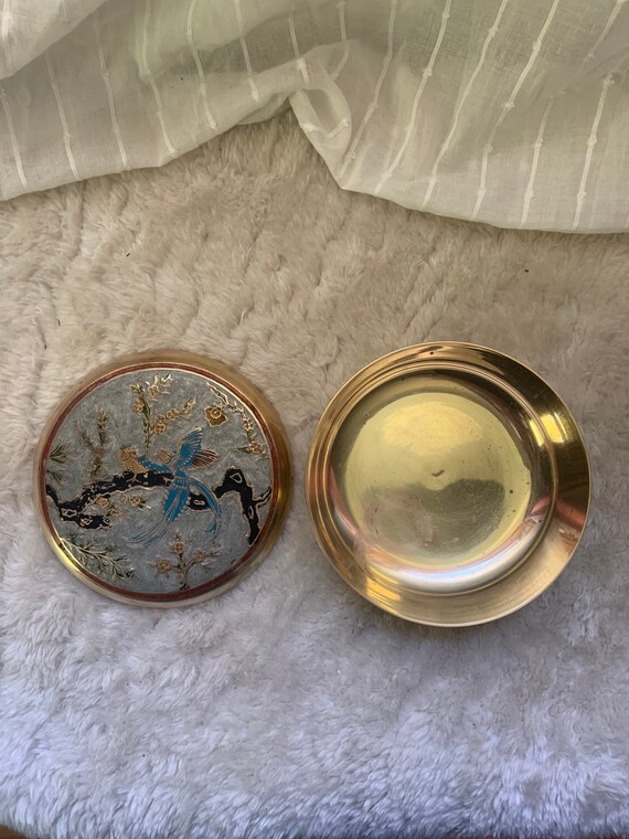 Vintage Brass Jewelry Box with Enamel Crane Design Gem