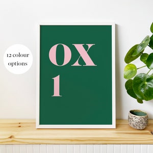 May include: A white framed print with a dark green background and the text "OX1" in pink.