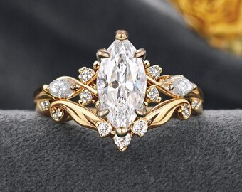 2CT Marquise Cut Moissanite Engagement Ring Yellow Gold Cluster Ring Set Leaf Vine Wedding Band Marquise Diamond Bridal Ring Set Vintage