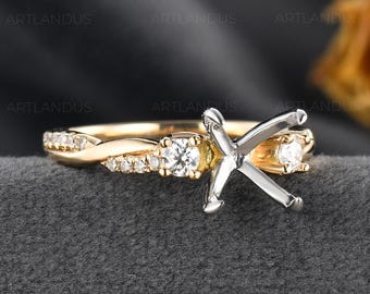 Aangepaste ring van witgoud en geelgouden setting Unieke drie stenen semi-gemonteerde ring zonder hoofdsteen Twee tinten oneindigheid twist halve eeuwigheid