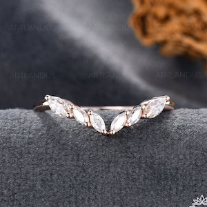 Unique Moissanite Open Wedding Band Women Curved Stacking Ring Marquise Cut Rose Gold Wedding Band Diamond Stacking Matching Band Delicate