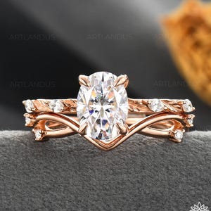 6*8mm Oval Cut Moissanite Bridal Set Rose Gold Engagement Ring Diamond Hidden Halo Ring Leaf Vine Ring Set 2pcs Vintage Unique Ring
