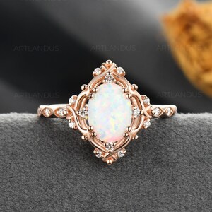 Branches Lab Opal Engagement Ring Rose Gold Oval Opal Wedding Ring Woman Art Deco Bridal Ring Dainty Leaf Vine Birthstone Ring 6x8mm