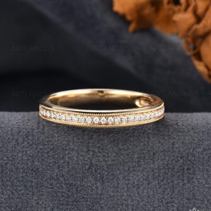 Vintage Style Natural Diamond Straight Band Woman Dainty Half Eternity Stacking Ring Unique Solid 14K Gold Milgrain Band Anniversary Gift
