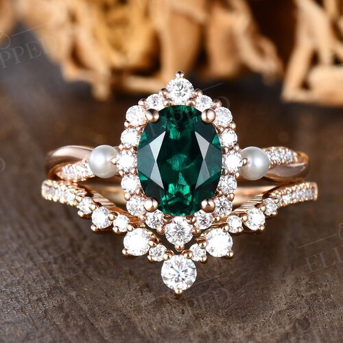 Rose Gold Engagement Ring Set Solitaire Lab Emerald Bridal - Etsy