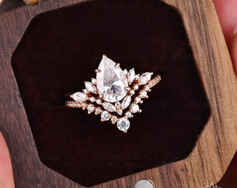 Pear Shaped Moissanite Engagement Ring Unique Marquise Cut Moissanite Bridal Set Rose Gold Cluster Stacking Ring Set Gift for Her Women