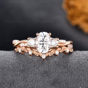 5*7mm Oval Cut Moissanite Engagement Ring Rose Gold Three Stone Moissanite Ring Set Infinity Twist Half Eternity Bridal Set Vine Leaf Band