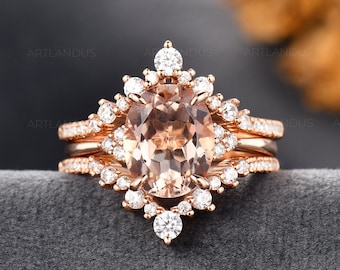 3CT Morganite Engagement Ring Set 3pcs Natural Peachy Morganite Bridal Set Woman Rose Gold Moissanite Cluster Ring Chevron Band Custom Fit