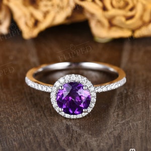 Halo Amethyst Engagement Ring White Gold Women Purple Amethyst Ring Vintage Promise Wedding Ring Gift For Her February Birthstone Ring