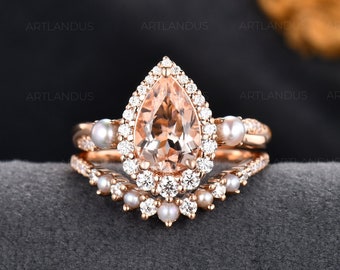 1.6CT Pearl Morganite Engagement Ring Set Rose Gold Pearl Wedding Band Pear Shaped Natural Morganite Bridal Set Halo Infinity Diamond Ring