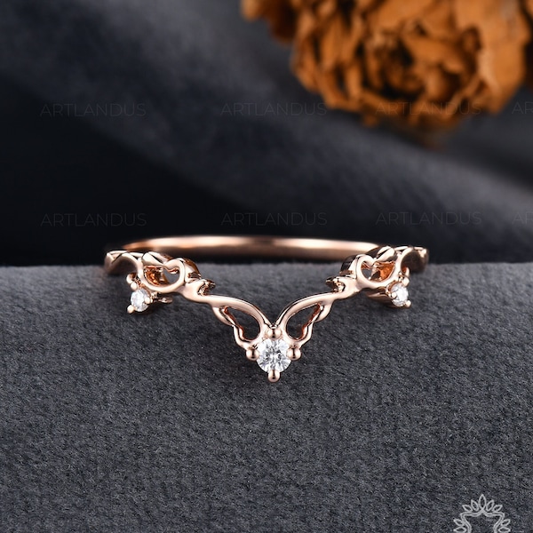 Rose Gold Lace Shaped Natural Diamond Curved Wedding Band Art Deco V Shaped Custom Fit Band Delicate Dainty Ring Personalized Stacking Band