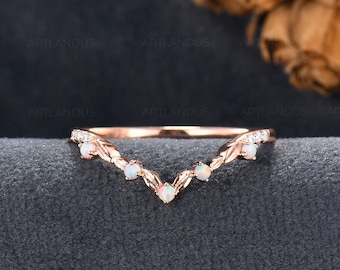 Vine Opal Wedding Band Women Rose Gold Chevron Matching Band Diamond Art Deco Stacking Ring Chevron Leaf Wedding Ring Fairytale Ring