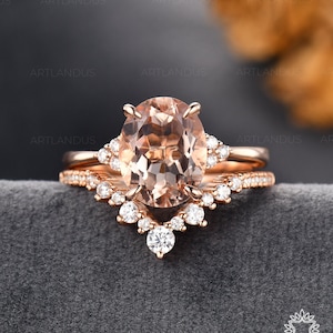 3CT Natural Morganite Engagement Ring Set Rose Gold Peachy Morganite Bridal Set Woman Art Deco Gemstone Cluster Ring Stacking Chevron Band
