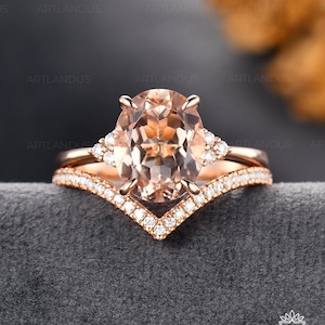 3ct Natural Morganite Engagement Ring Set Woman Oval Morganite Bridal Set Rose Gold Moissanite Cluster Bridal Ring Art Deco Stacking Ring