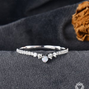 Natural Opal Wedding Band Women Curved Diamond Gold Band Rose Gold Matching Band Stacked October Birthstone Ring Custom Fit Dainty
