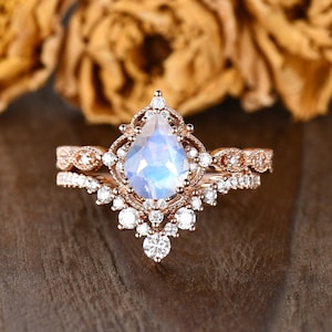 Unique Moonstone Bridal Set Rose Gold Engagement Ring Art Deco Wedding Band Rainbow Moonstone Ring Milgrain Vine Vintage Oval Antique 2pcs