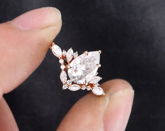 Pear Shaped Moissanite Engagement Ring Vintage Marquise Cut Natural Diamond Cluster Ring Unique 5 Eagle Claws Bridal Ring Delicate Dainty