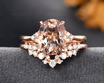 Natural Morganite Engagement Ring Set Woman Rose Gold Cluster Moissanite Ring Art Deco Stacking Bridal Set 3CT Peachy Morganite Wedding Ring