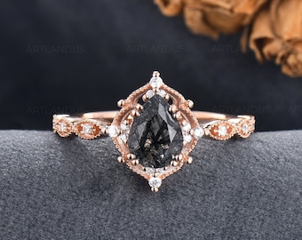 Natural Black Rutilated Quartz Engagement Ring Rose Gold Crystal Bridal Ring Art Deco Salt And Pepper Unique Ring Vine Moon Star Ring Woman