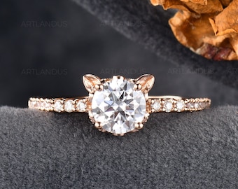 Cat Moissanite Engagement Ring Rose Gold Animal Peekaboo Cute Ring Filigree 1ct Wedding Ring Diamond Bridal Ring Dainty solitaire