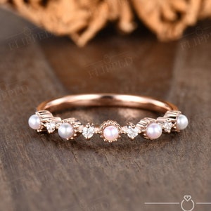 Fresh Water Pearl Ring Moissanite Wedding Band Unique Pearl Ring Stacking Matching Ring Pearl And Diamond Wedding Band Solid 14k Gold