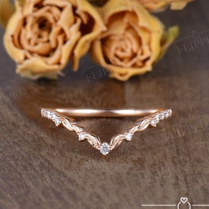 Vine Wedding Band Women Rose Gold Chevron Matching Band Diamond Art Deco Stacking Ring Curve Leaf Contour Wedding Ring Fairytale Ring