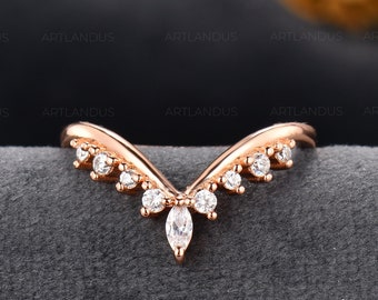 White Gold Wedding Band Women Curved Marquise Moissanite Ring Vintage Inspired Cluster Ring Custom Fit Chevron V shaped promise Ring Bridal