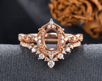 Custom Ring Setting Yellow Gold Engagement Ring Set Art Deco Semi Mount Antique Ring Setting Milgrain Vine Vintage Jewelry Cluster Oval