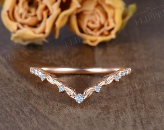 Vine Aquamarine Wedding Band Woman Rose Gold Chevron Matching Band Art Deco Diamond Stacking Ring Chevron Leaf Wedding Ring Fairytale Ring