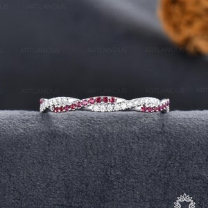 Natural Ruby Full Infinity Wedding Band Dainty Ring Unique Custom Birthstone Band Art Deco Solid 14K White Gold Stacking Ring Cluster Band