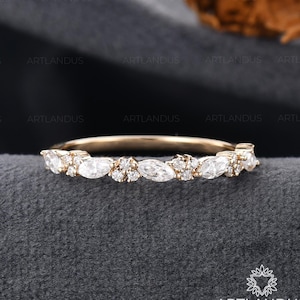 Unique Marquise Wedding Band Women Yellow Gold Cluster Moissanite Wedding Band Art Deco Stack Ring Gift For Women Promise Ring Bridal