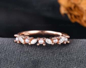 Pearl Diamond Wedding Band Women Rose Gold Marquise Moissanite Cluster Band Pearl Matching Band Akoya Pearl Ring Half Eternity Stackable