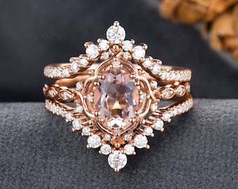 Rose Gold Morganite Bridal Set Art Deco Natural Morganite Engagement Ring Unique Floral Cluster Ring Vine Leaf Style Vintage Ring Set 3pcs
