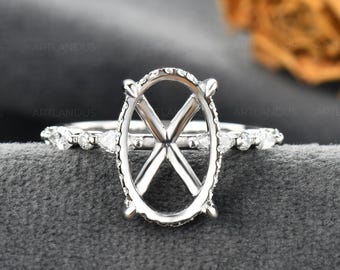 White Gold Oval Cut Ring Setting Without Center Stone Semi Mount Ring Custom Fit Personalized Cluster Ring Natural Diamond Hidden Halo