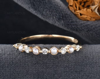 Pearl Diamond Wedding Band Women Rose Gold Akoya Pearl Ring Birthstone Band Ring Pearl Matching Band Half Eternity Stackable Dainty Ring