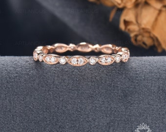 Vintage Diamond Wedding Band Woman Rose Gold Milgrain Eternity Band Delicate Dainty Cluster Ring Stacking Matching Ring Promise Gift For Her