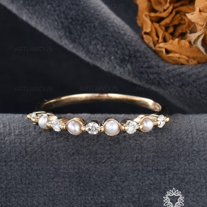 Pearl Diamond Wedding Band Women Rose Gold Akoya Pearl Ring Birthstone Band Ring Pearl Matching Band Half Eternity Stackable Dainty Ring