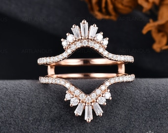 Antique Rose Gold Baguette Cut Moissanite Double Bands Vintage Custom Fit Cage Band Woman Personalized Stacking Cluster Ring Dainty Matching