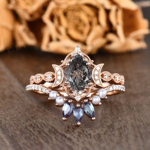 Rose Gold Black Rutilated Quartz Ring Set 2pcs Unique Crystal Engagement Ring Pear Shaped Engagement Ring Antique Marquise Flower Star Ring