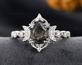 Black Rutilated Quartz Engagement Ring Salt And Pepper Black Crystal Wedding Ring 1ct Pear Shaped Rose Gold Moon Star Unique Ring For Women